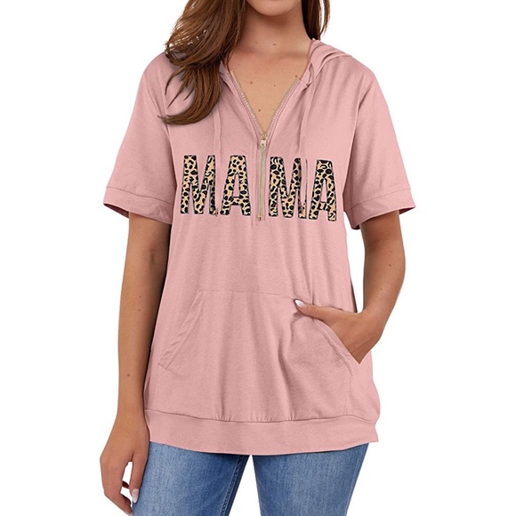 Pink Leopard Mama Drawstring Half Zip Up Pullover Sweatshirt Top with Pockets M